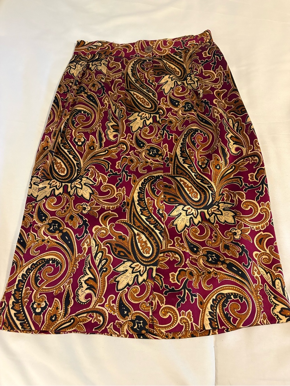Dana Buchman Burgundy Paisley Midi Skirt with Gold and Black Accents